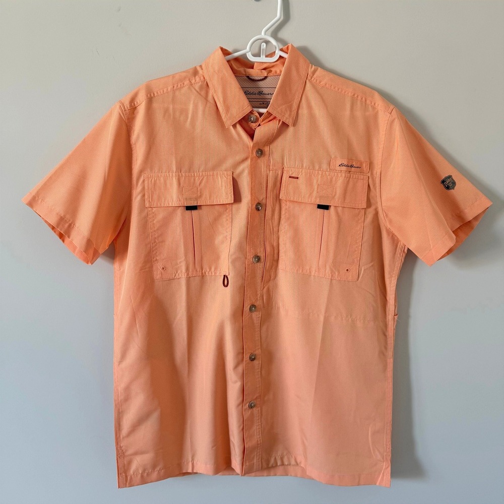 Eddie Bauer Men's Short Sleeve Fishing‎ Shirt Orange White Check Size Medium
